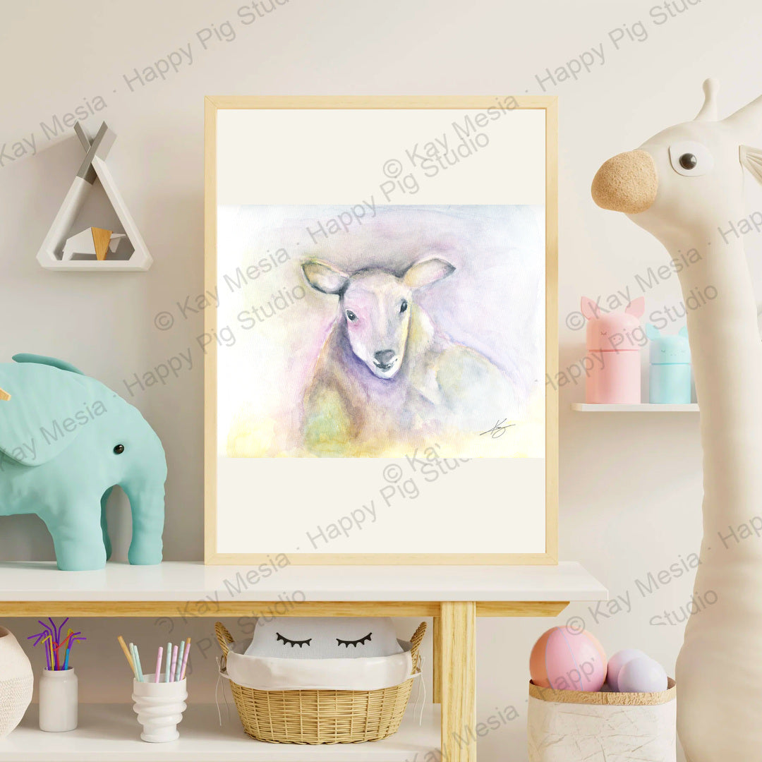 Lamb fine-art print by Kay Mesia - framed room preview; print sold unframed
