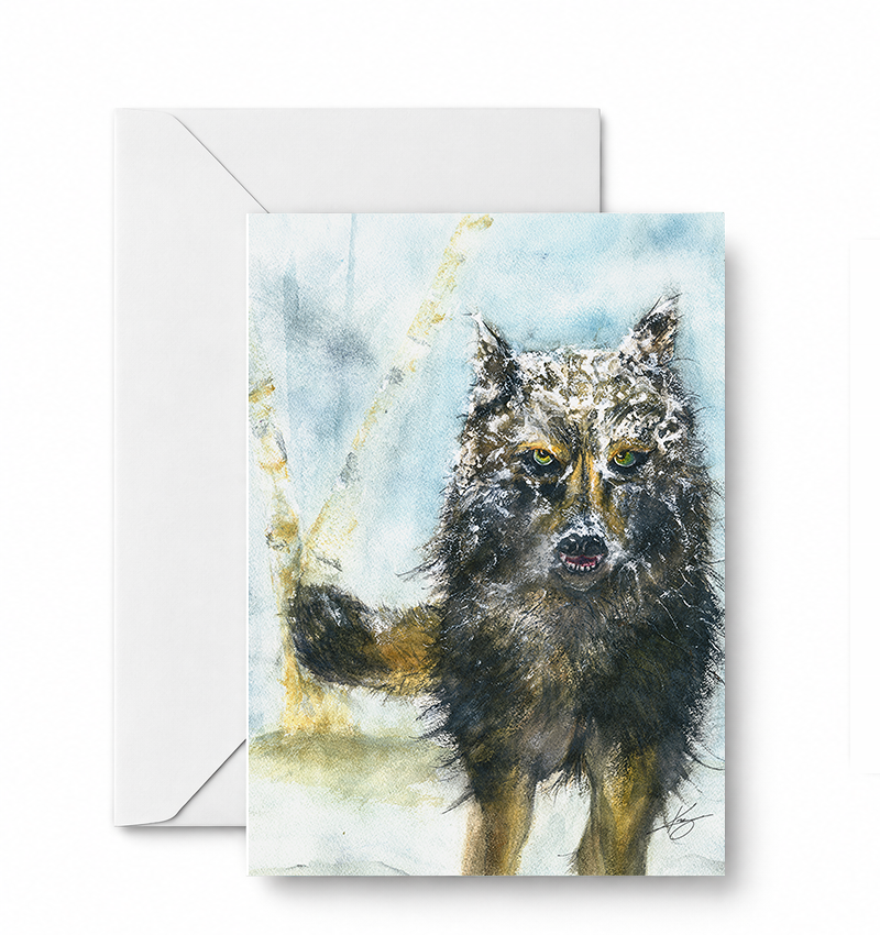 Wolf in snow — CD-161-01-A2 Founder-approved V2 card and envelope mockup