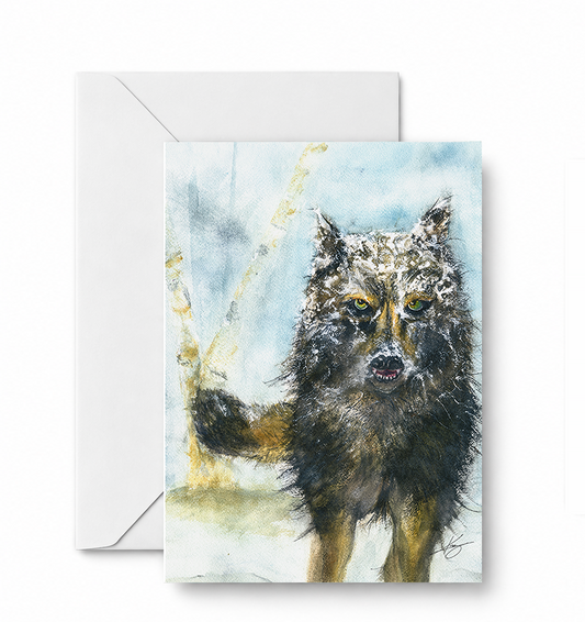 Wolf in snow — CD-161-01-A2 Founder-approved V2 card and envelope mockup
