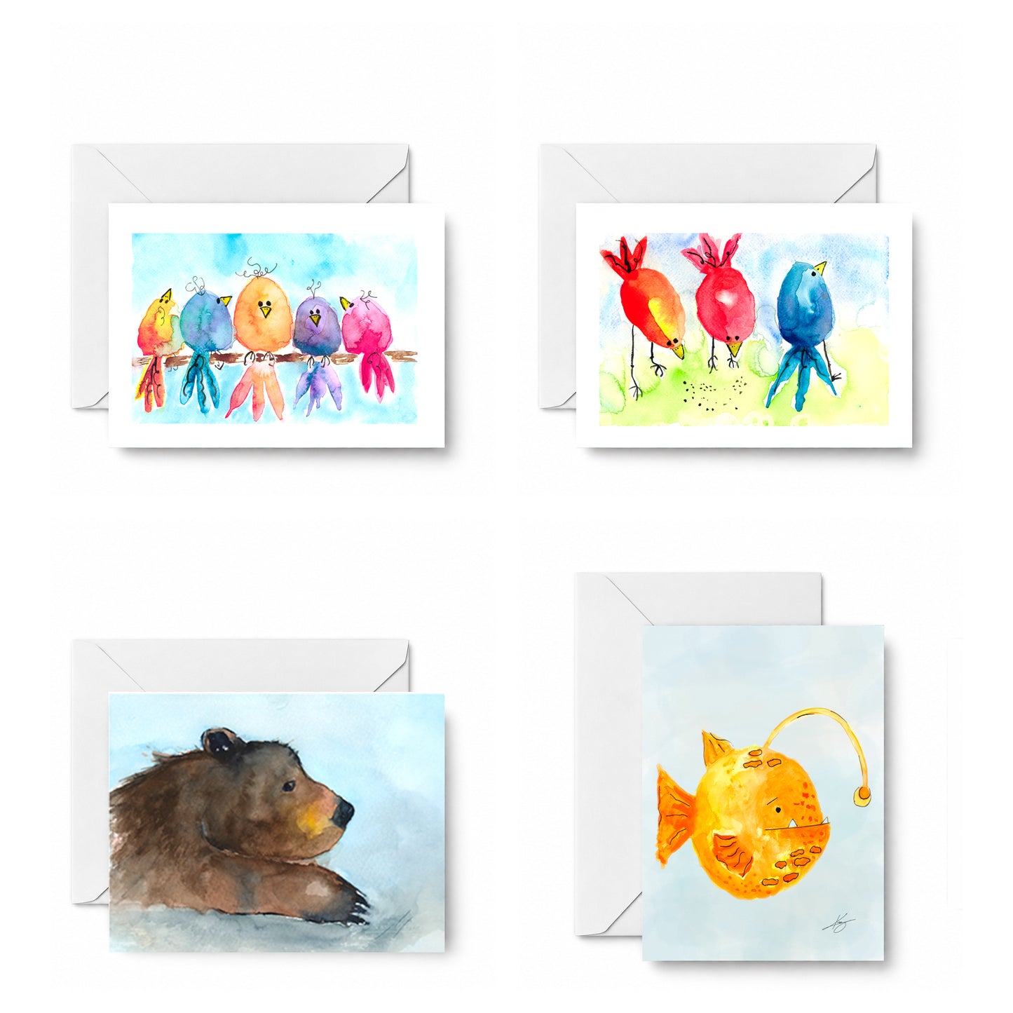 Curious Company curated 4-card set: Birds on a Branch, Birds searching, Bubba the Bear, and Leo Lantern Fish