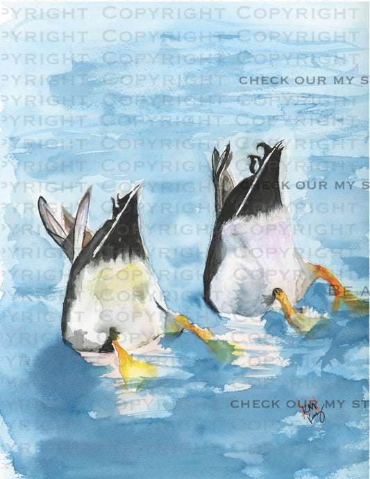 Limited edition watercolor print featuring two ducks in a pond with a blue sky and green grass background.