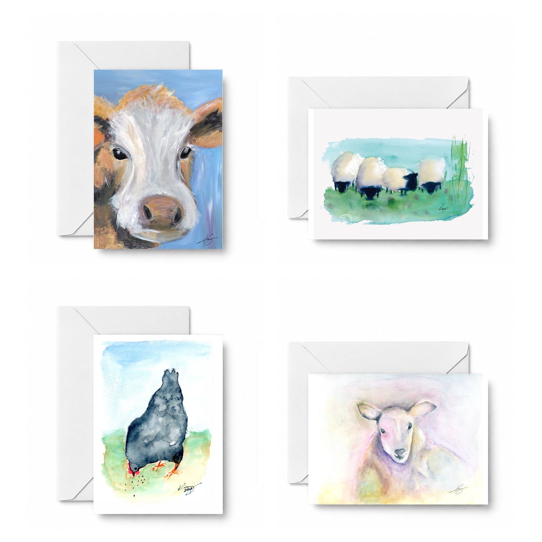 Farmyard Friends curated 4-card set: Cow, Sheep, Happy Black Hen, Lamb