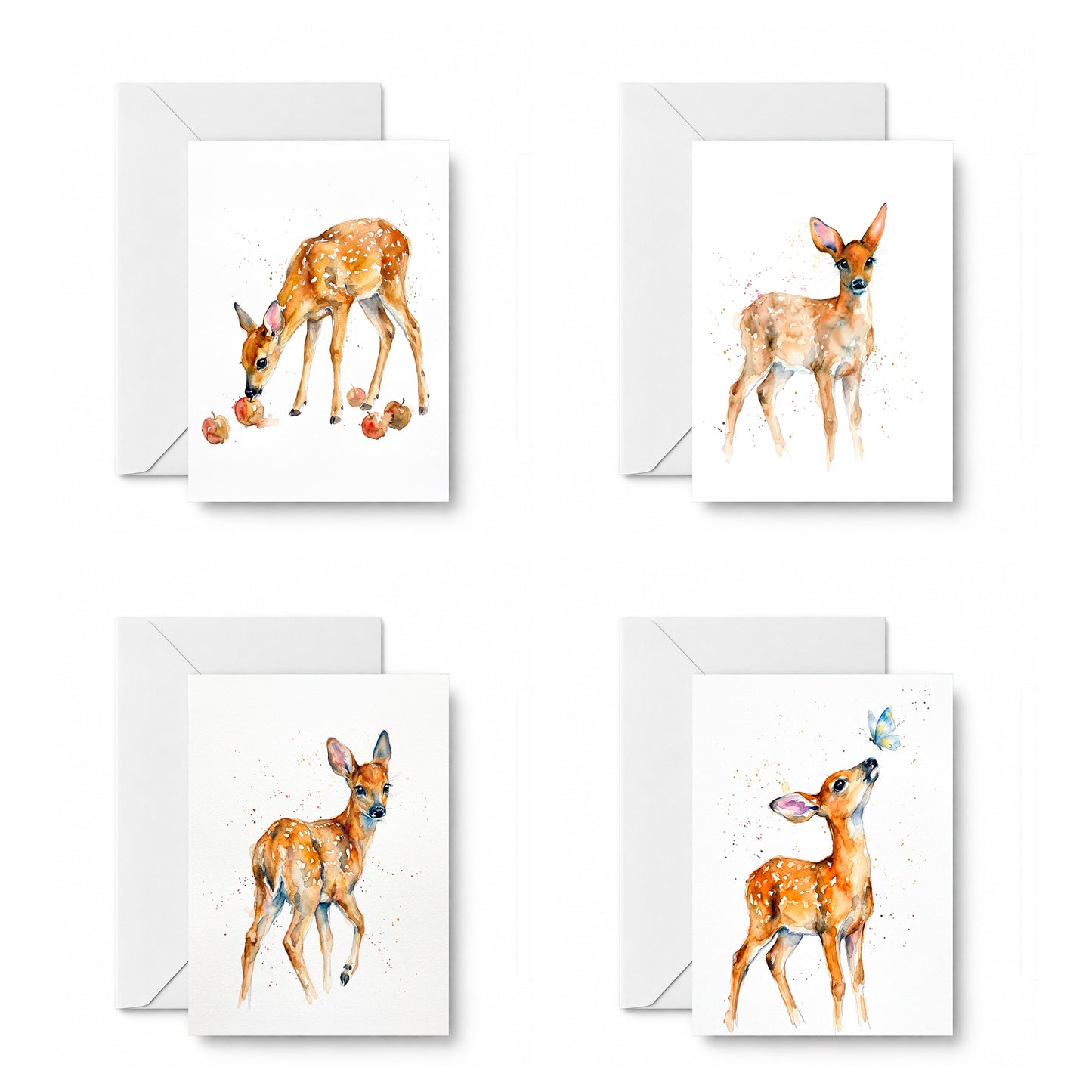 Fawns curated 4-card set: Fawn with apples, Fawn Standing, Fawn looking back, and Fawn and butterfly