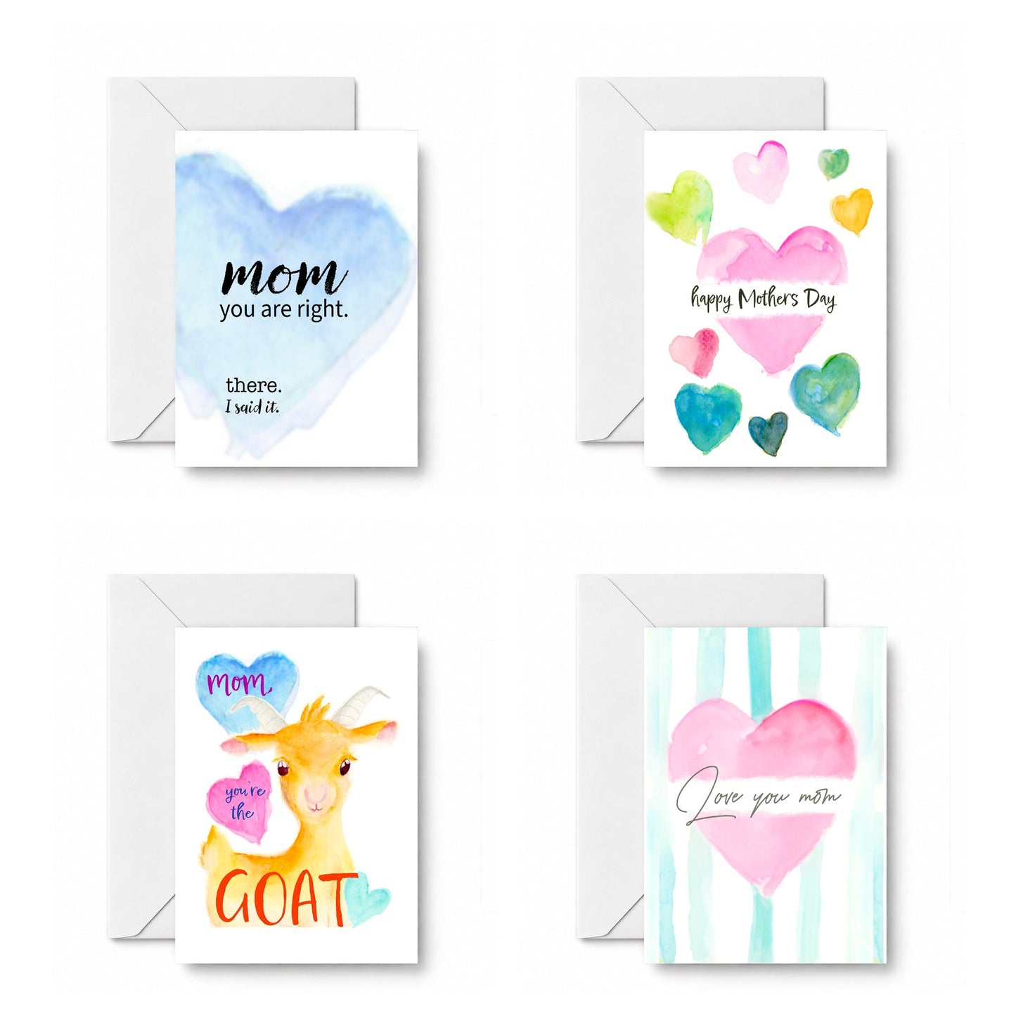 For Mom, With Love curated 4-card set: Mom, you are right. There. I said it., Happy Mothers Day w/Hearts, MOM - you’re the GOAT!, Love you Mom
