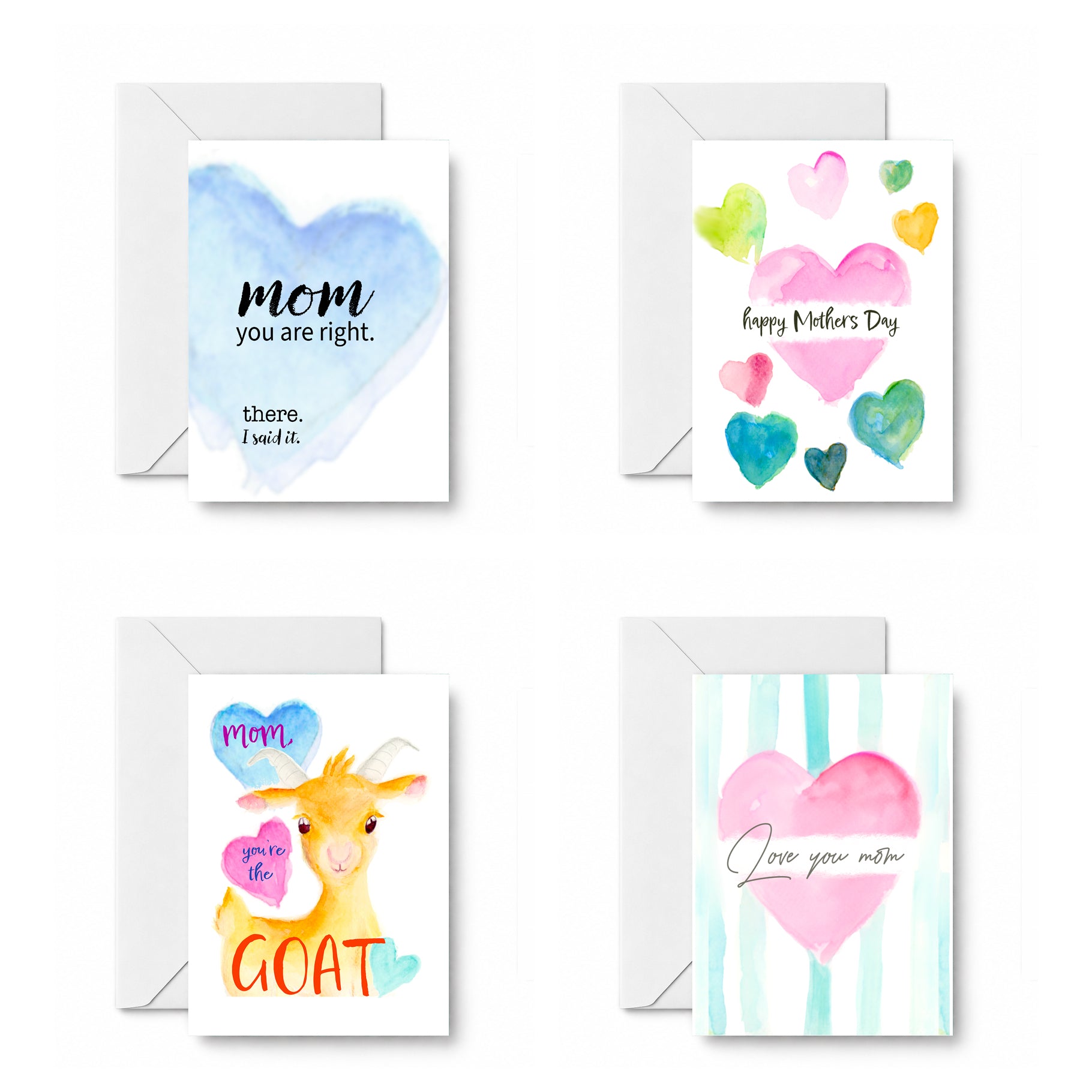 For Mom, With Love curated 4-card set: Mom, you are right. There. I said it., Happy Mothers Day w/Hearts, MOM - you’re the GOAT!, Love you Mom