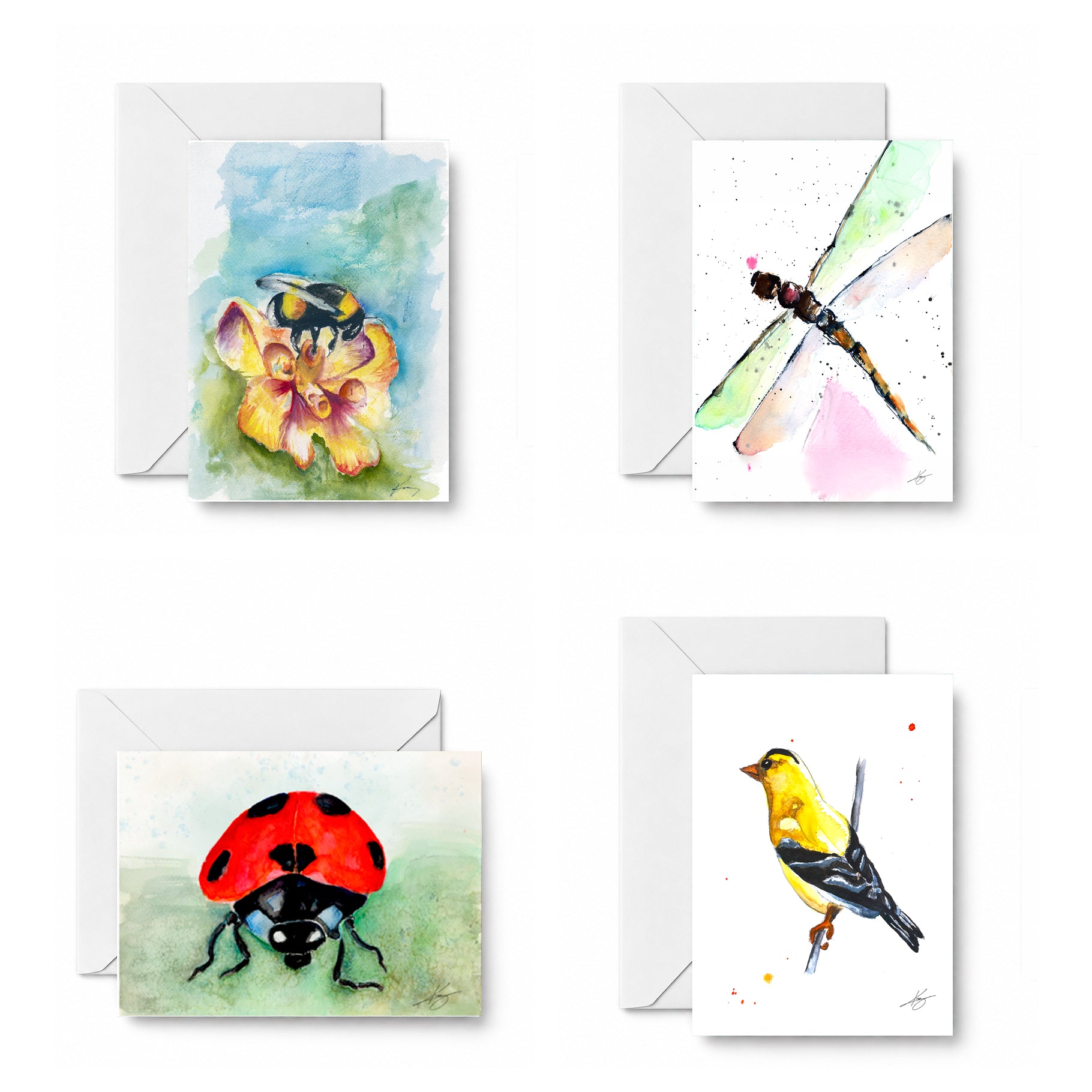 Garden Wings curated 4-card set: Bee on yellow flower, Little Dragonfly, Ladybug, and Goldfinch