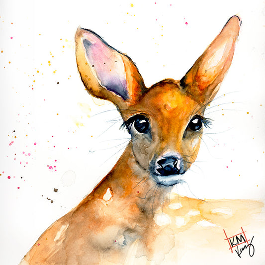 Spring Fawn original watercolor artwork on a 3 by 3 inch Happy Pig Studio magnet