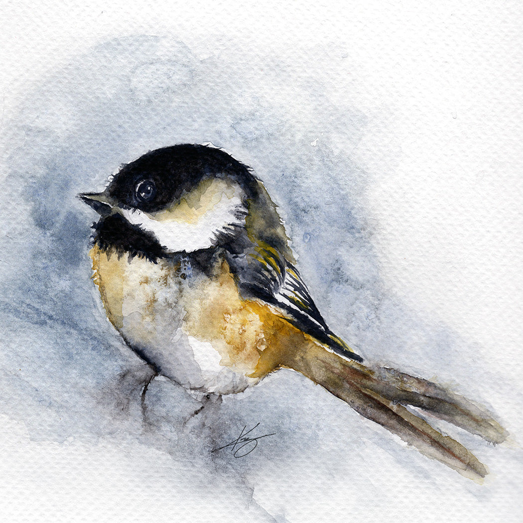 Chickadee original watercolor artwork on a 3 by 3 inch Happy Pig Studio magnet