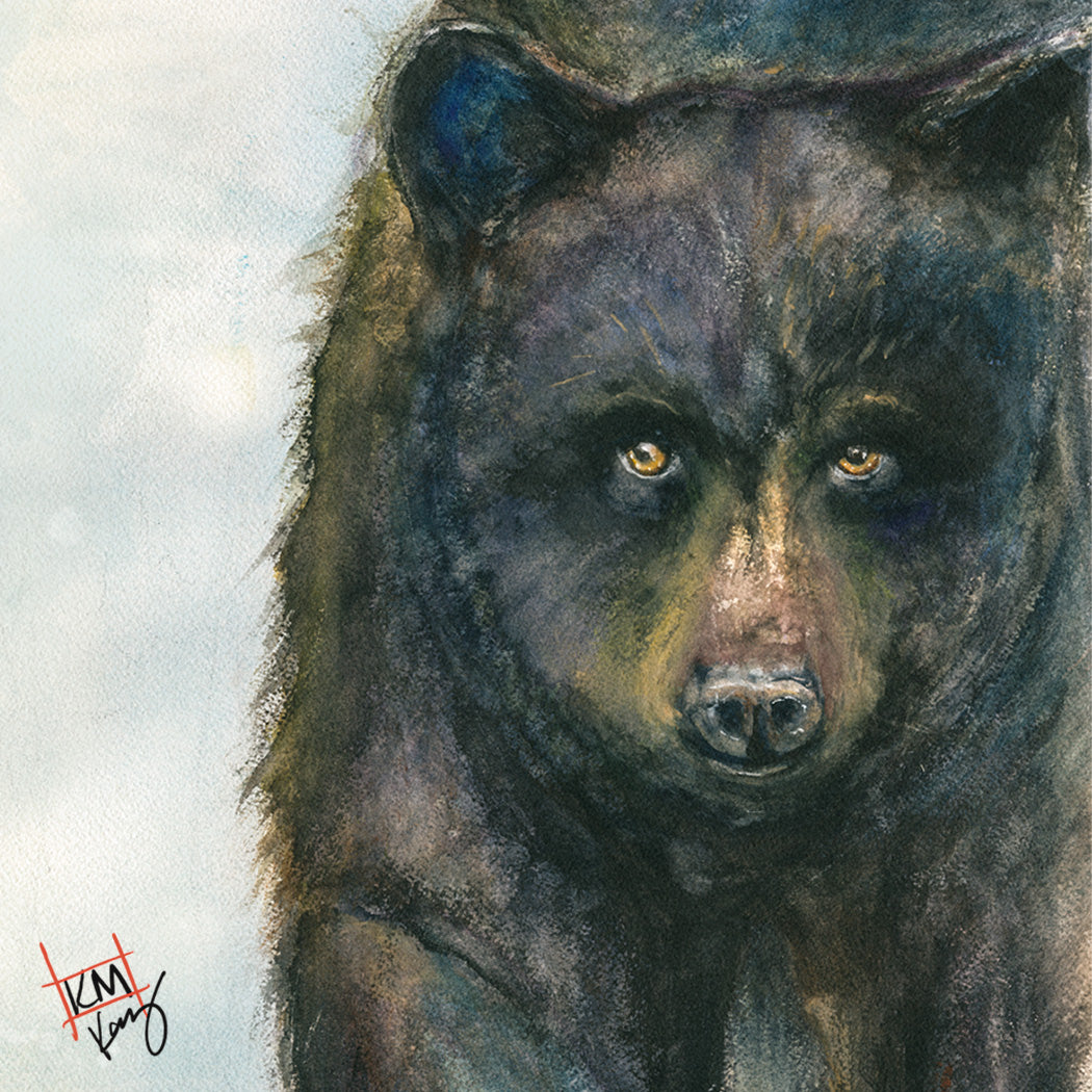 Black Bear original watercolor artwork on a 3 by 3 inch Happy Pig Studio magnet