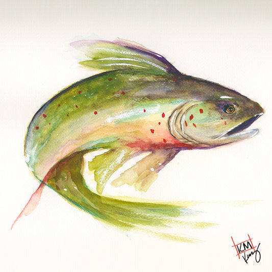 Trout Study #2 original watercolor artwork on a 3 by 3 inch Happy Pig Studio magnet