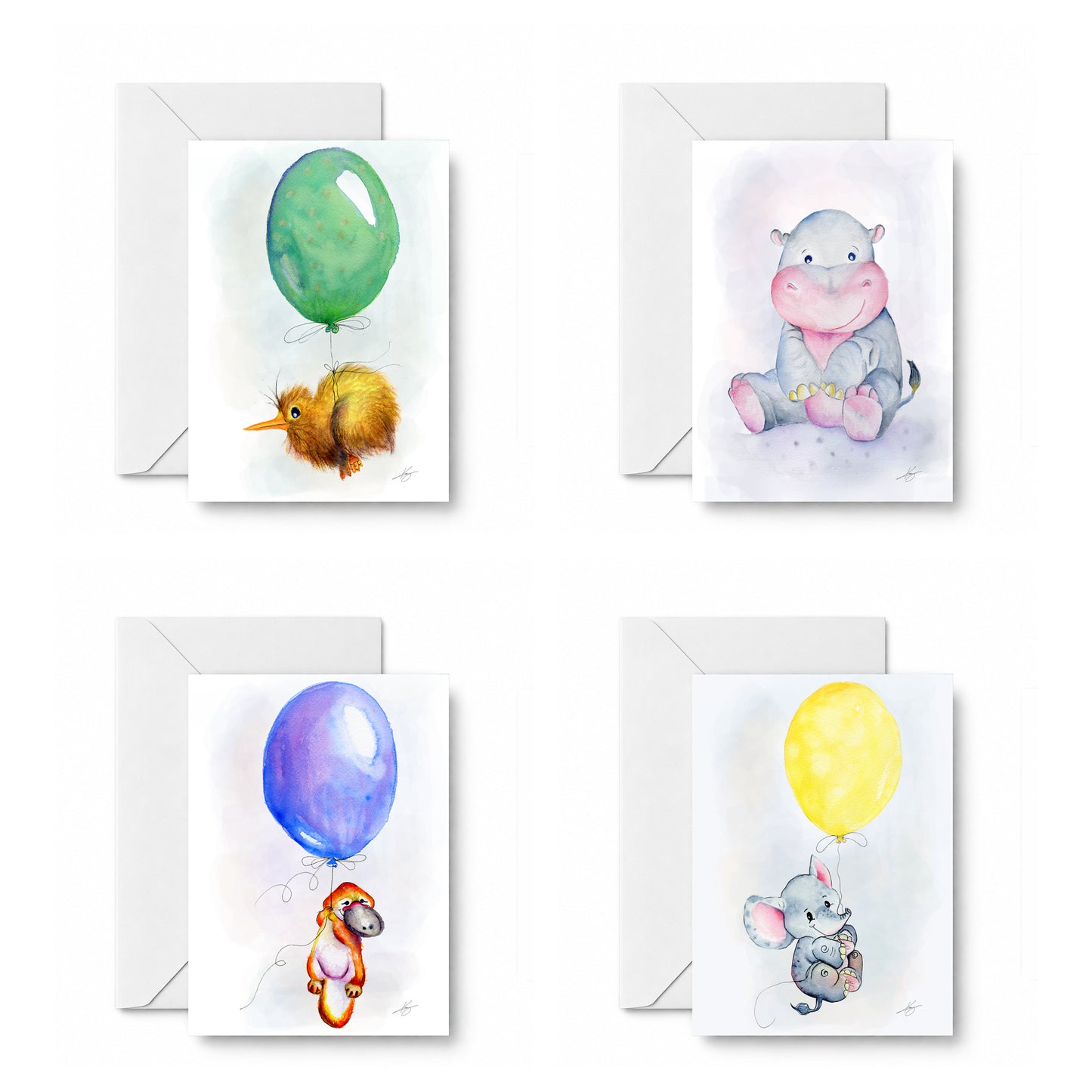 Happy Little Friends curated 4-card set: Amelia the Kiwi, Harriet the Hippo, Oliver the Platypus, and Erik the Elephant