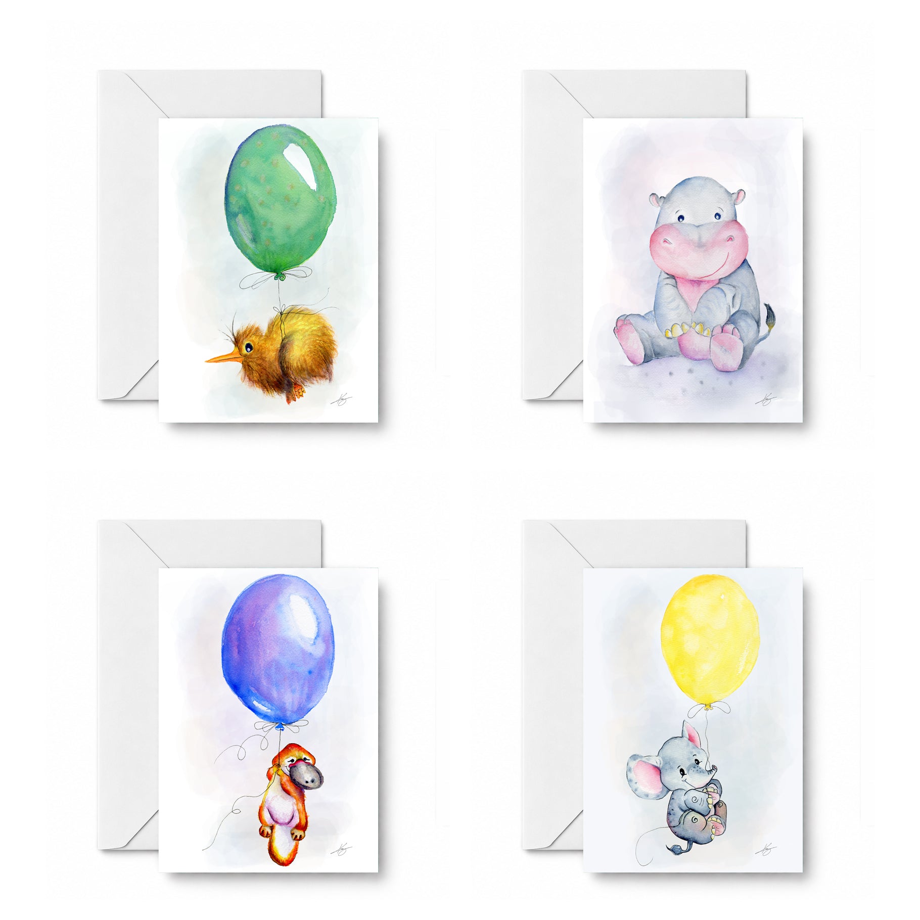 Happy Little Friends curated 4-card set: Amelia the Kiwi, Harriet the Hippo, Oliver the Platypus, and Erik the Elephant