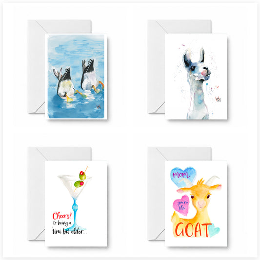 Little Laughs curated 4-card set featuring Duck Butts!, Spitting Llama, ’Tini bit older, and MOM—you’re the GOAT!