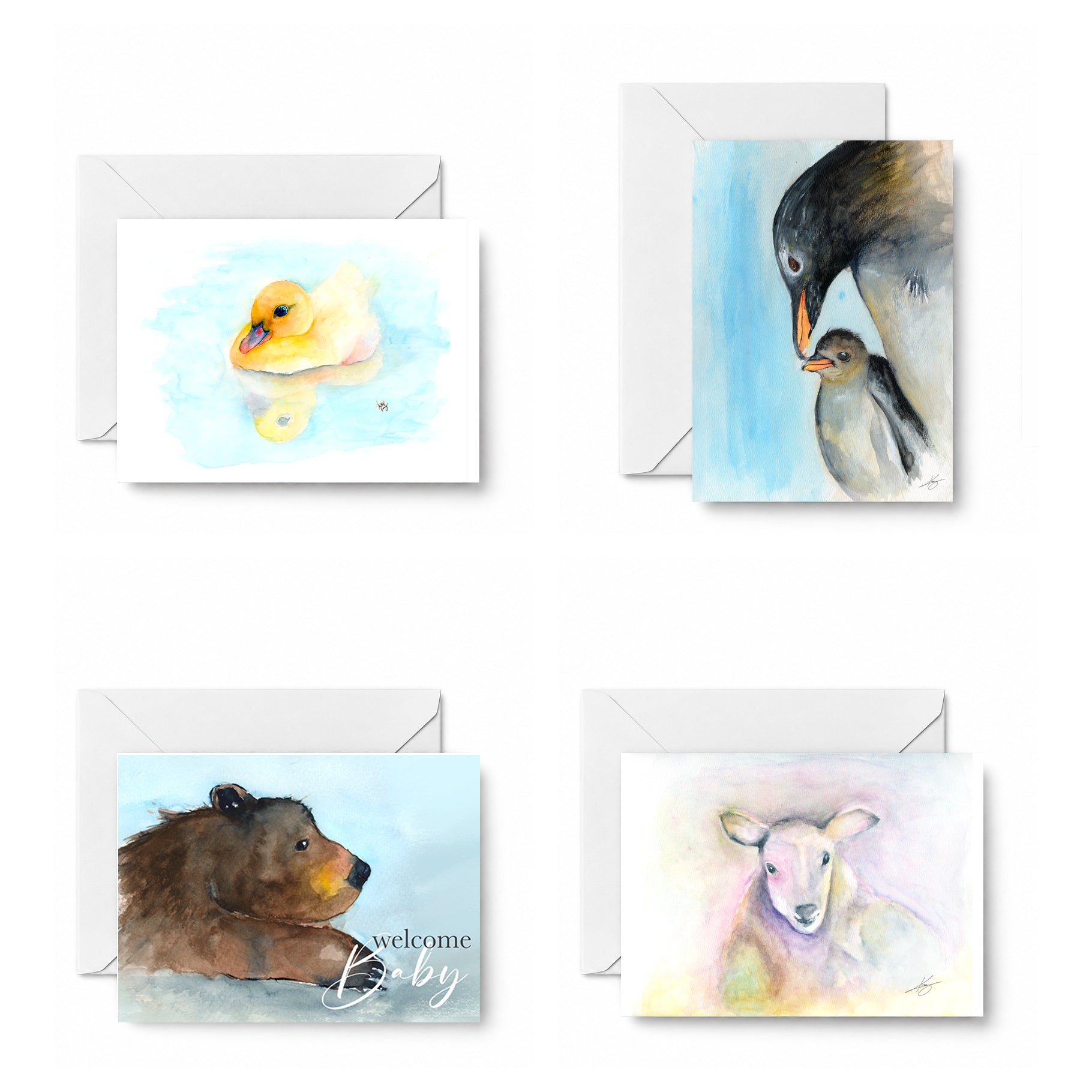 Welcome, Little One curated 4-card set: Baby Duck - Original watercolor design on a Greeting Card, Penguin Mom, Welcome Baby, Lamb