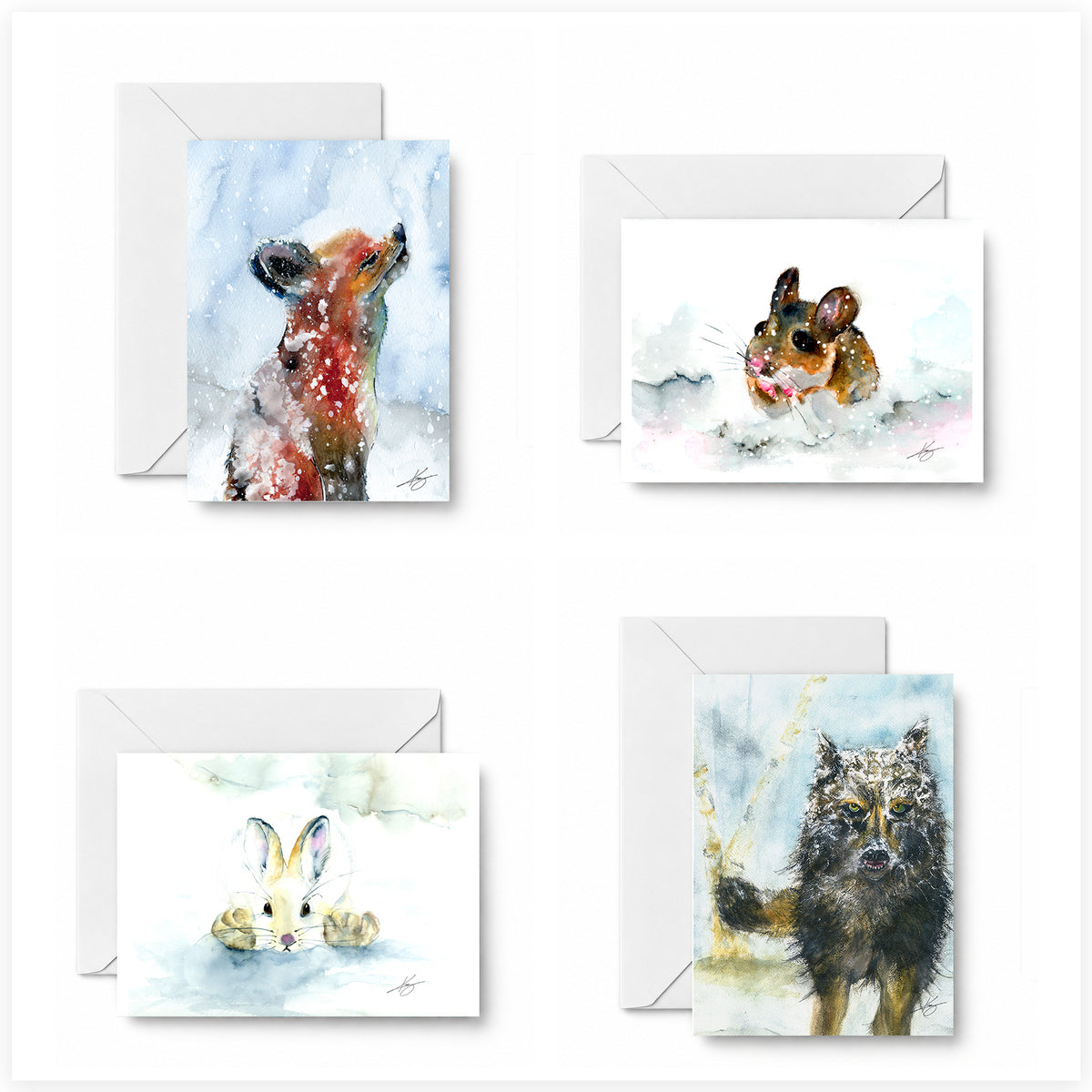 Winter Encounters curated 4-card set featuring Fox in the Snow, Scurried, Bunny in the Snow, and Wolf in snow