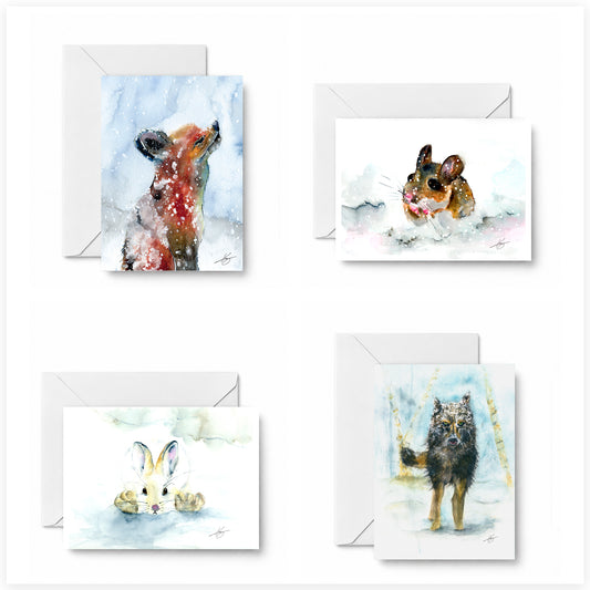 Winter Encounters curated 4-card set featuring Fox in the Snow, Scurried, Bunny in the Snow, and Wolf in snow