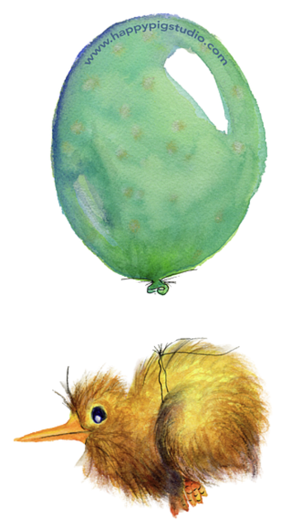 Amelia the Kiwi with Balloon die-cut magnet featuring original watercolor artwork by Kay Mesia.