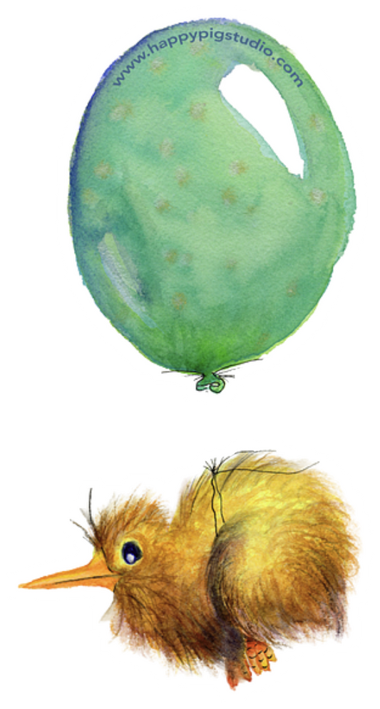 Amelia the Kiwi with Balloon die-cut magnet featuring original watercolor artwork by Kay Mesia.