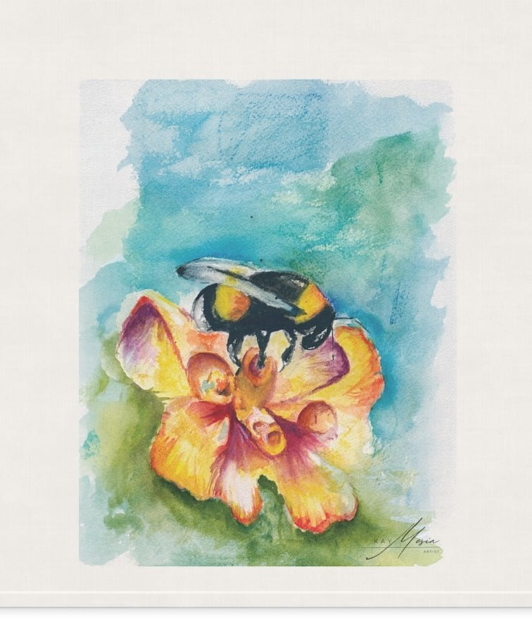 Detail of Kay Mesia’s Bee on Yellow Flower artwork and signature on a cotton twill tea towel