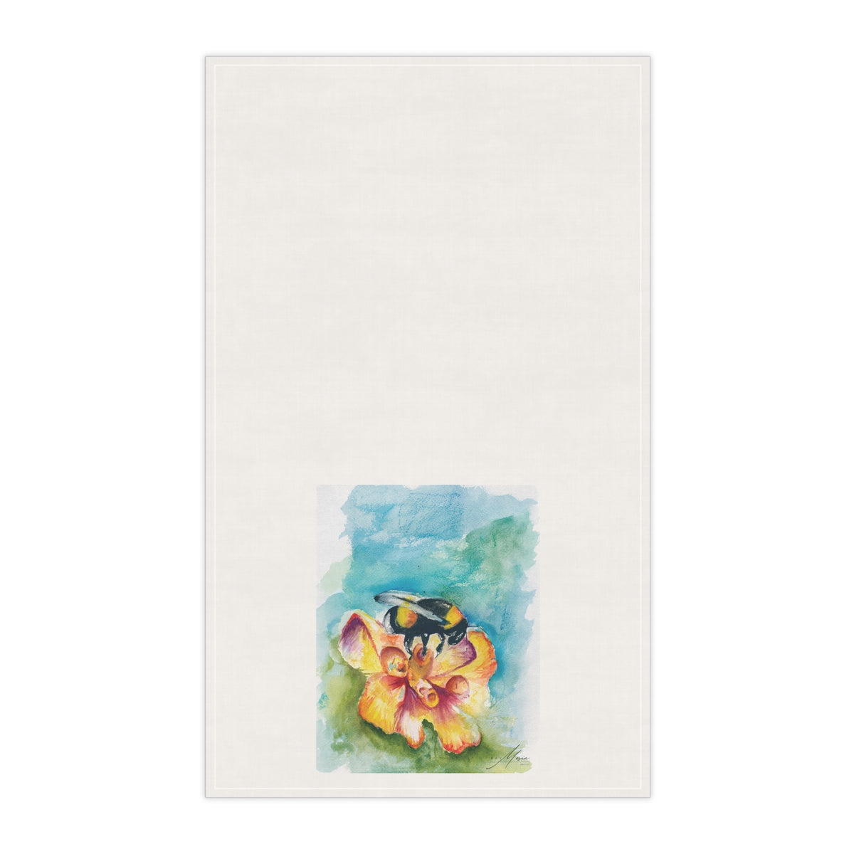 Bee on Yellow Flower cotton twill tea towel, 18 by 30 inches, featuring original artwork by Kay Mesia for Happy Pig Studio