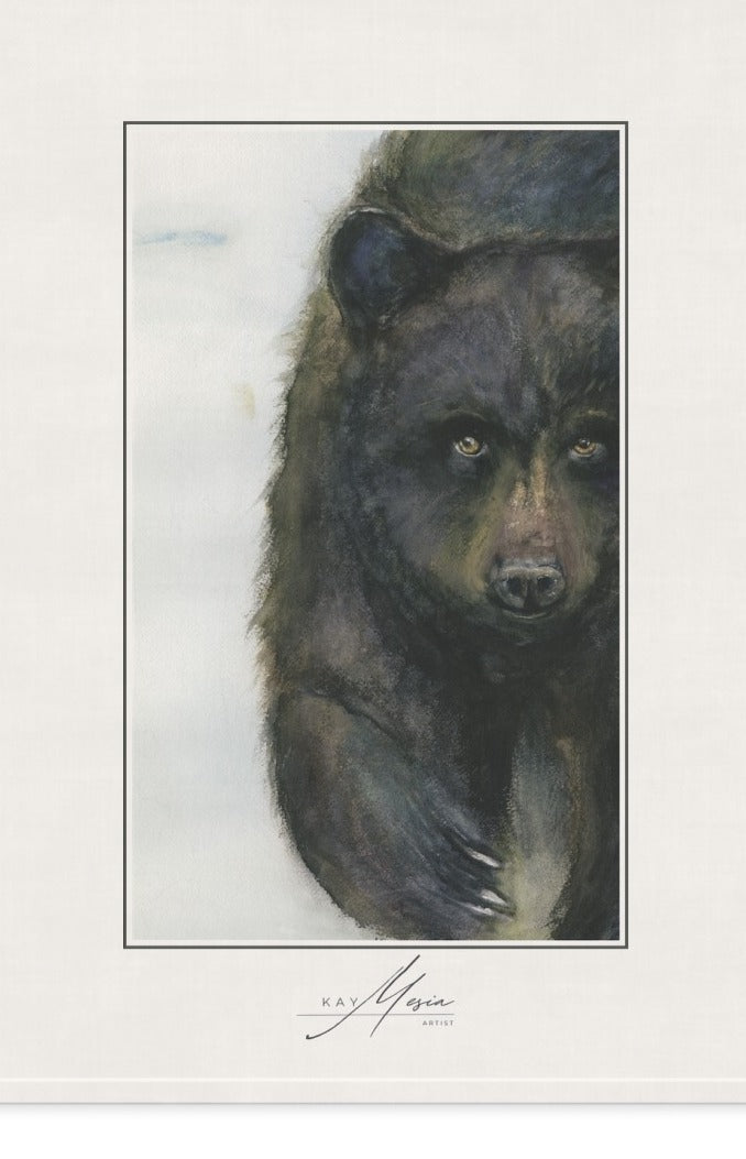 Detail of Kay Mesia’s Black Bear artwork and signature on a cotton twill tea towel