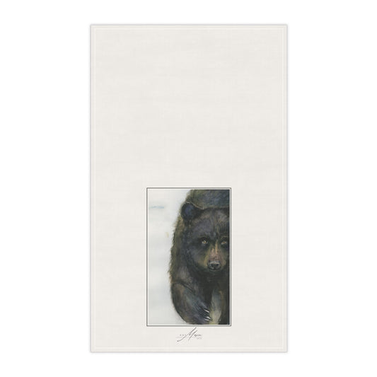 Black Bear cotton twill tea towel, 18 by 30 inches, featuring original artwork by Kay Mesia for Happy Pig Studio