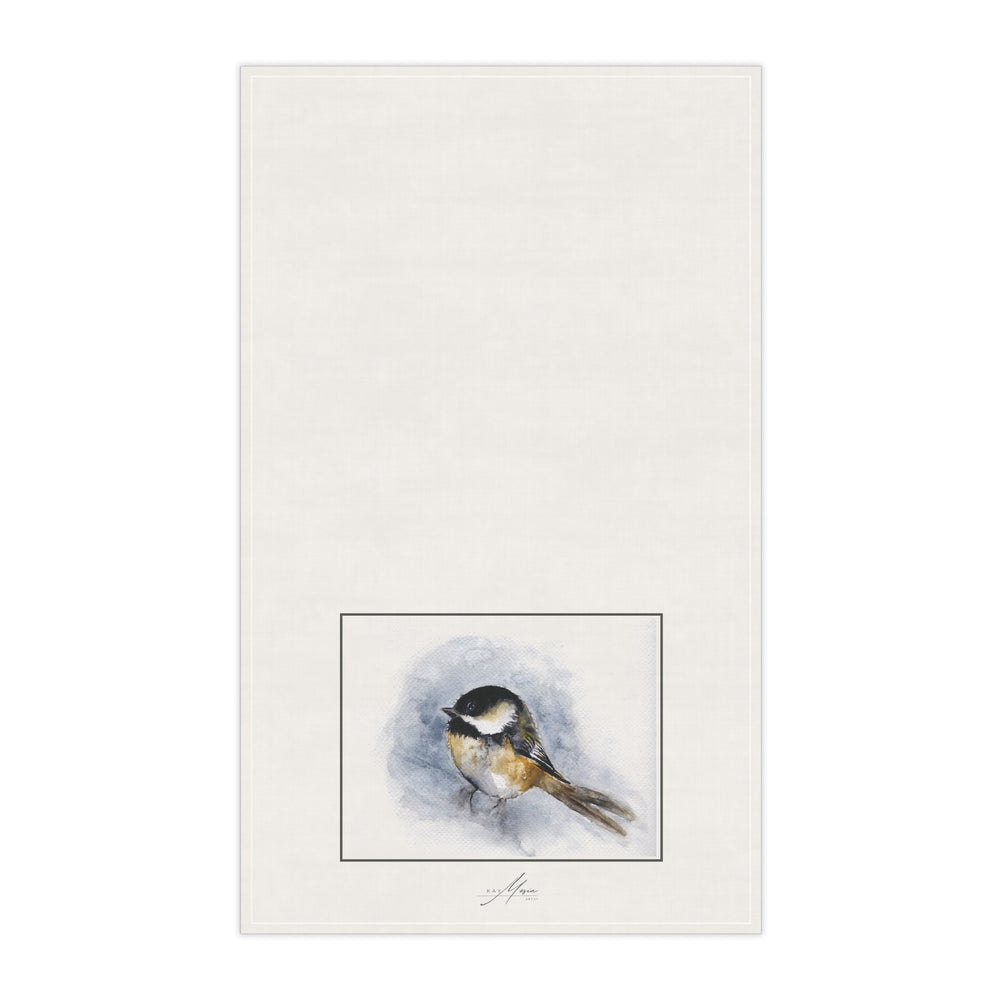 Chickadee cotton twill tea towel, 18 by 30 inches, featuring original artwork by Kay Mesia for Happy Pig Studio