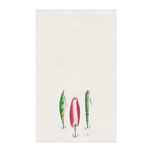 Fishing Lures cotton twill tea towel, 18 by 30 inches, featuring original artwork by Kay Mesia for Happy Pig Studio