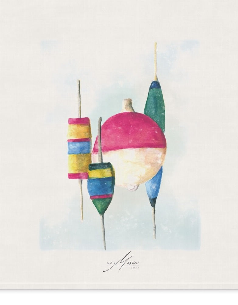 Detail of Kay Mesia’s Four Bobbers artwork and signature on a cotton twill tea towel