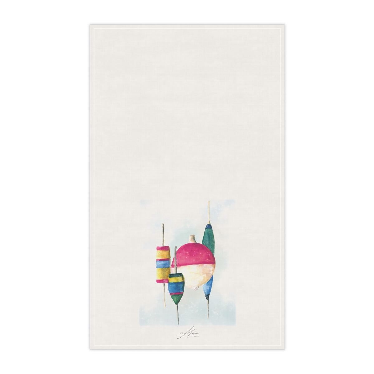 Four Bobbers cotton twill tea towel, 18 by 30 inches, featuring original artwork by Kay Mesia for Happy Pig Studio