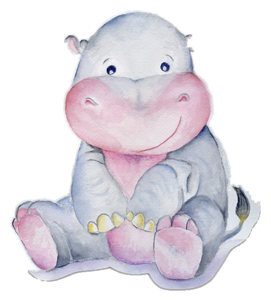 Harriet the Hippo die-cut magnet featuring original watercolor artwork by Kay Mesia.