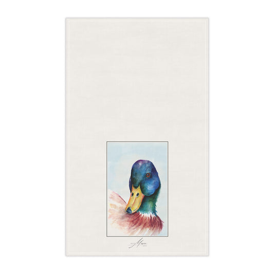 Mallard cotton twill tea towel, 18 by 30 inches, featuring original artwork by Kay Mesia for Happy Pig Studio
